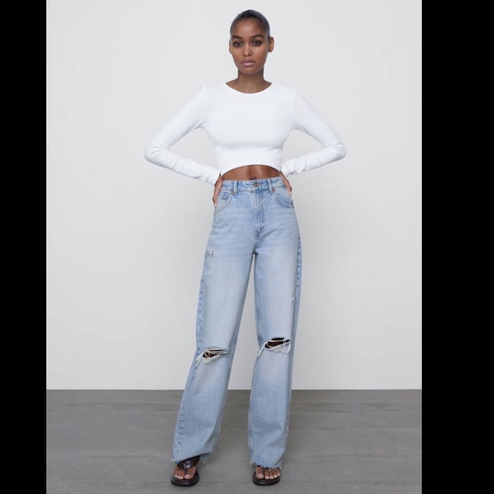 Zara wide leg full length ripped jeans